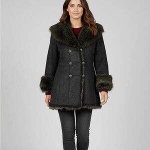 Noveli Gray Faux Fur Trim Coat Embossed Suede Button Front Coat